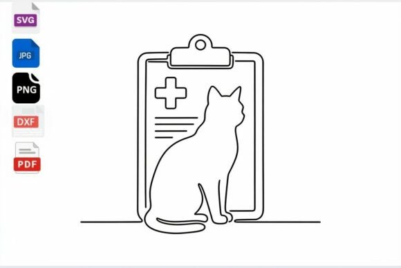 Cat Vet Medical Clipboard Line Art SVG